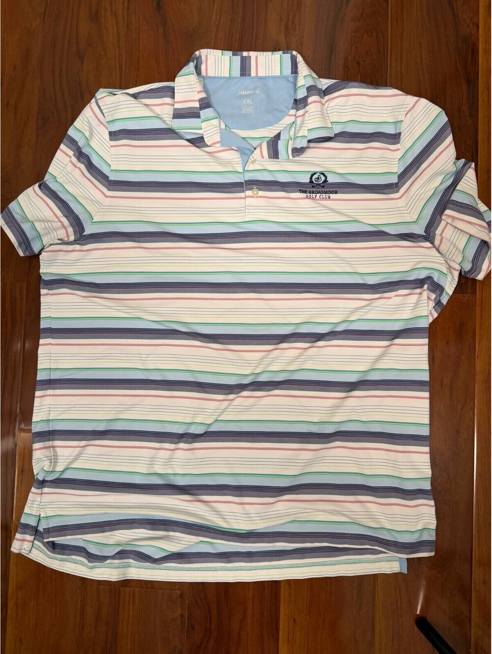 johnnie-O Performance Polo Blue Multi Colored Stripe SZ 2XL Golf The Broadmoor